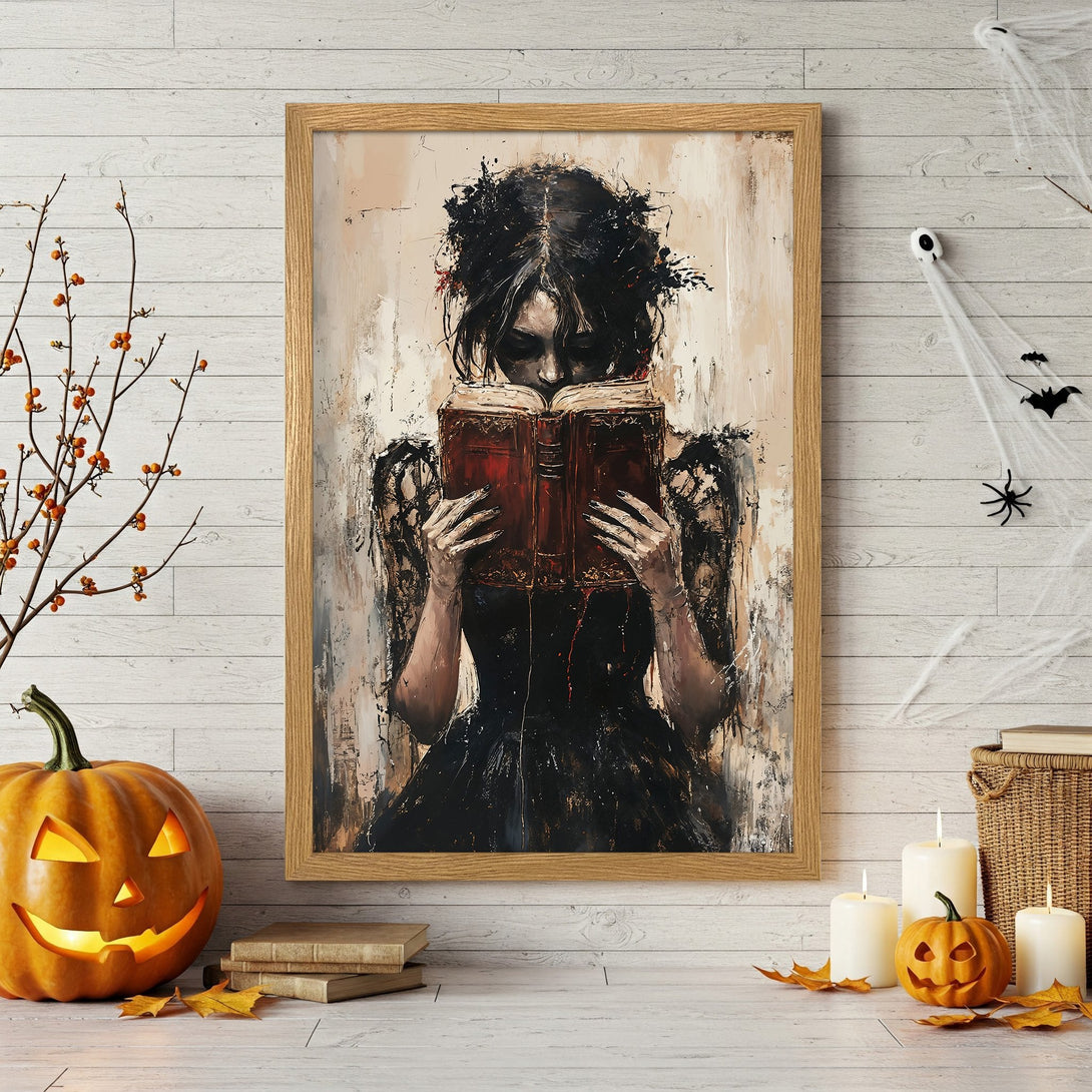 Framed Poster featuring a gothic woman reading a book. Dark, moody artwork in a neutral palette, perfect Halloween decor.