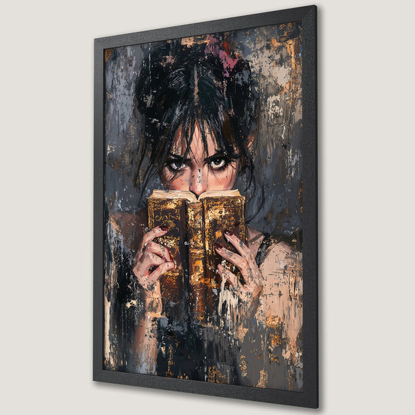 Framed Poster featuring a woman with a book, abstract art style, dark and gold color palette. Perfect wall art for your home decor.