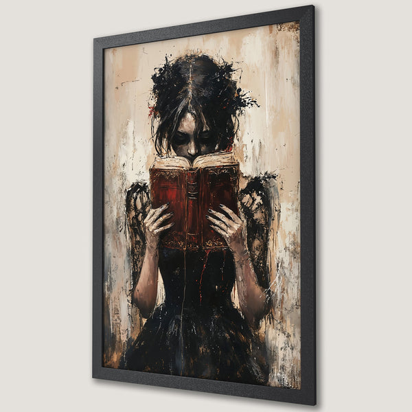 Framed Poster: Gothic woman reading a book. Abstract style with black, red, and beige color palette. Perfect for dark academia decor.