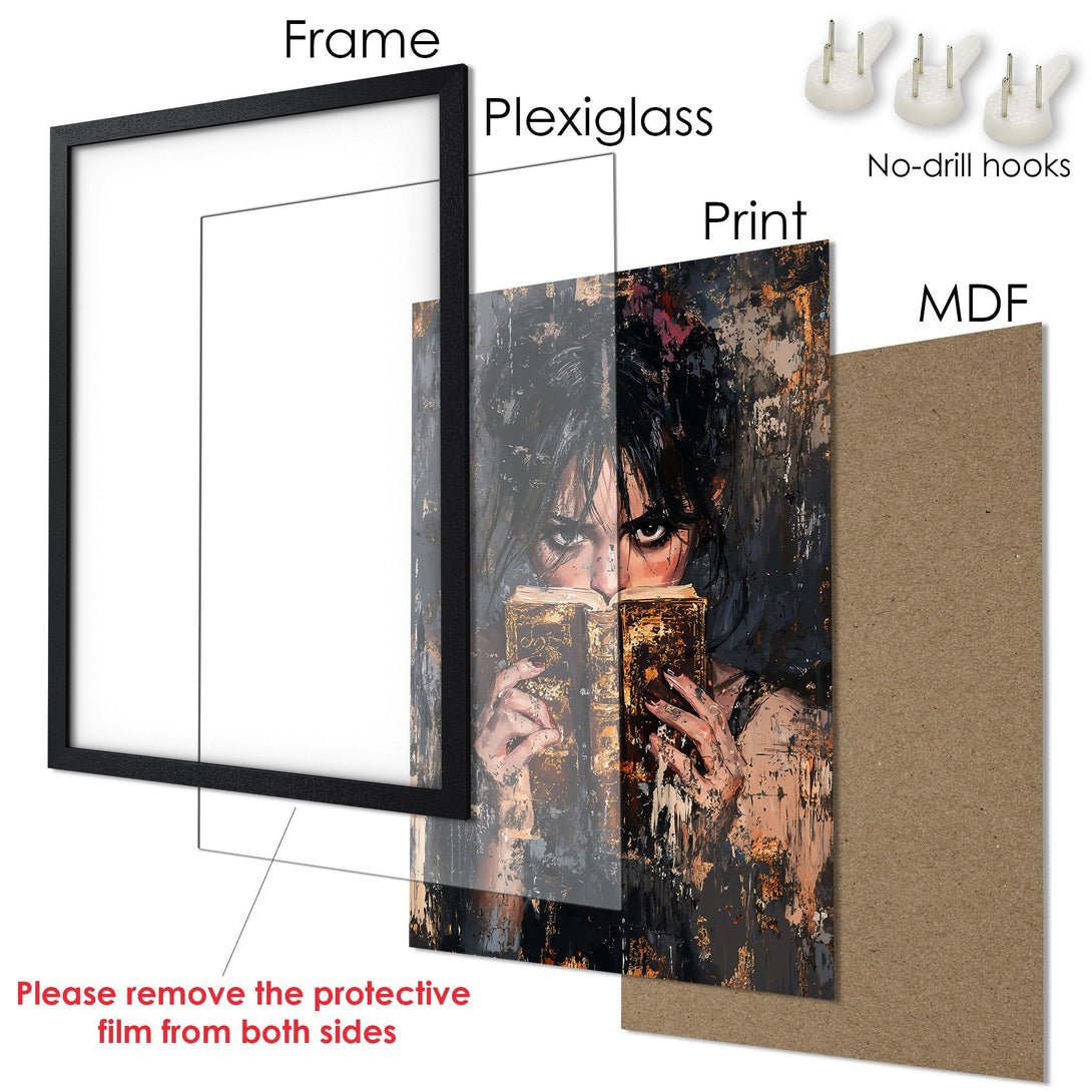 Framed Poster featuring a woman reading, dark and moody art style, with a palette of blacks, browns, and gold. Perfect wall art!