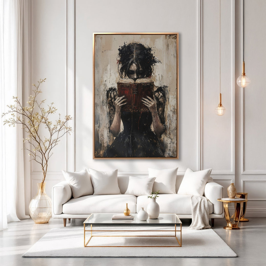 Framed Wall Art: Elegant woman reading a book, dark and moody painting. Neutral color palette with gold frame, perfect for living room decor.
