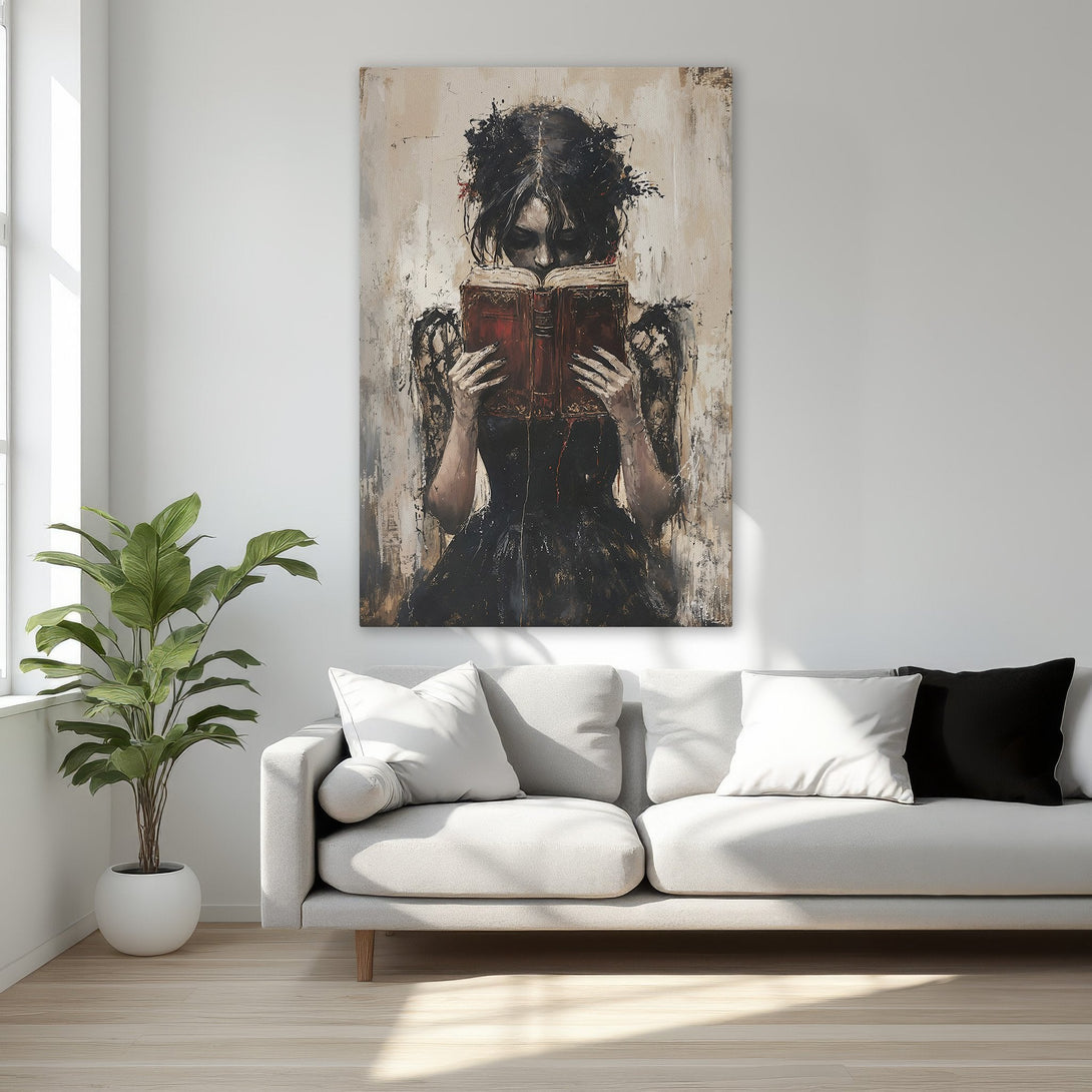 Framed Wall Art: Abstract portrait of a woman reading, in a dark, moody style. Neutral and warm color palette, perfect for bedroom decor.