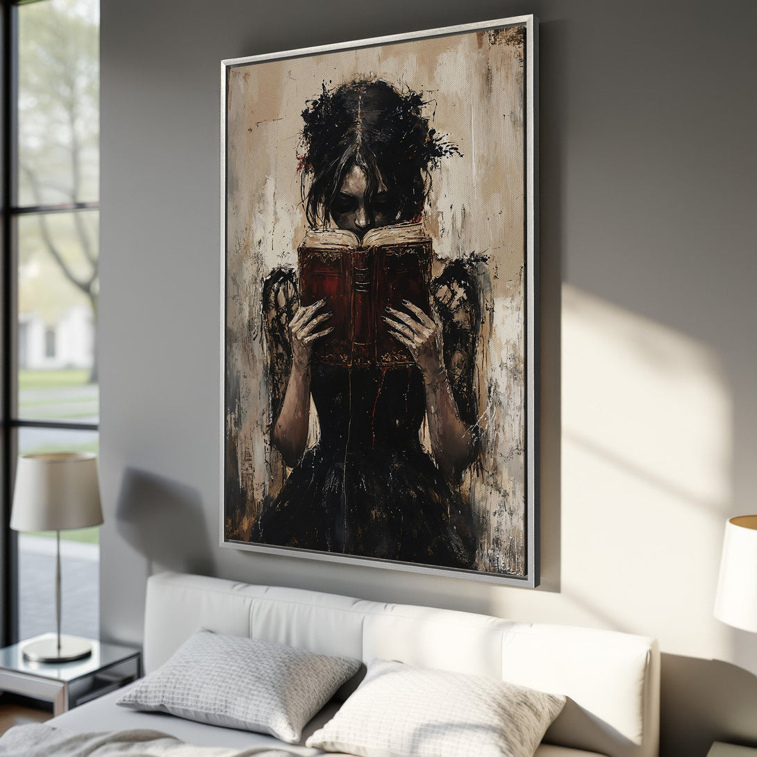 Framed Wall Art: Gothic woman reading, abstract style, neutral & dark color palette. Elevate your space with this captivating canvas print.