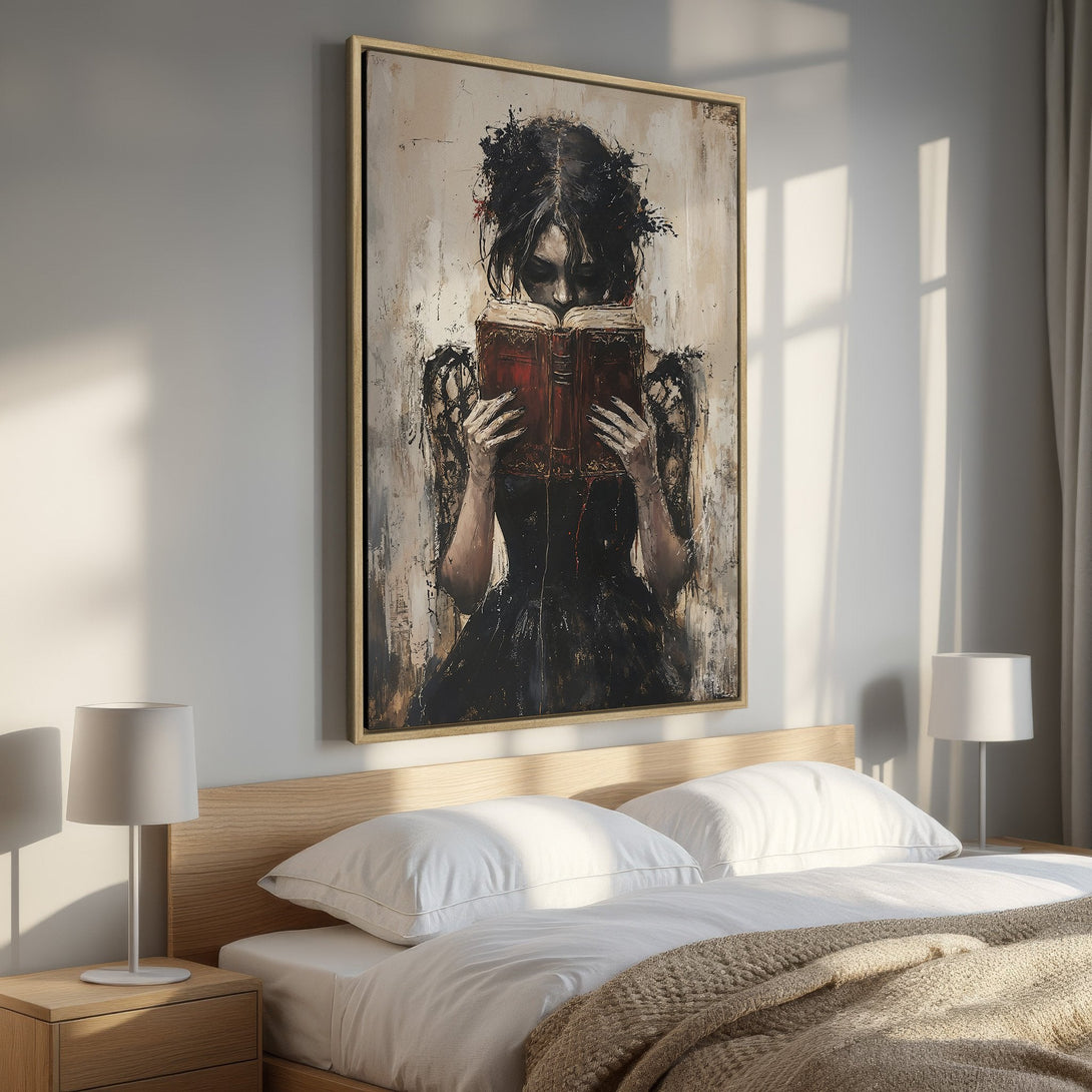 Framed Wall Art: Moody portrait of a woman reading, in a bedroom. Dark, expressive style with neutral and red tones. Perfect bedroom decor.