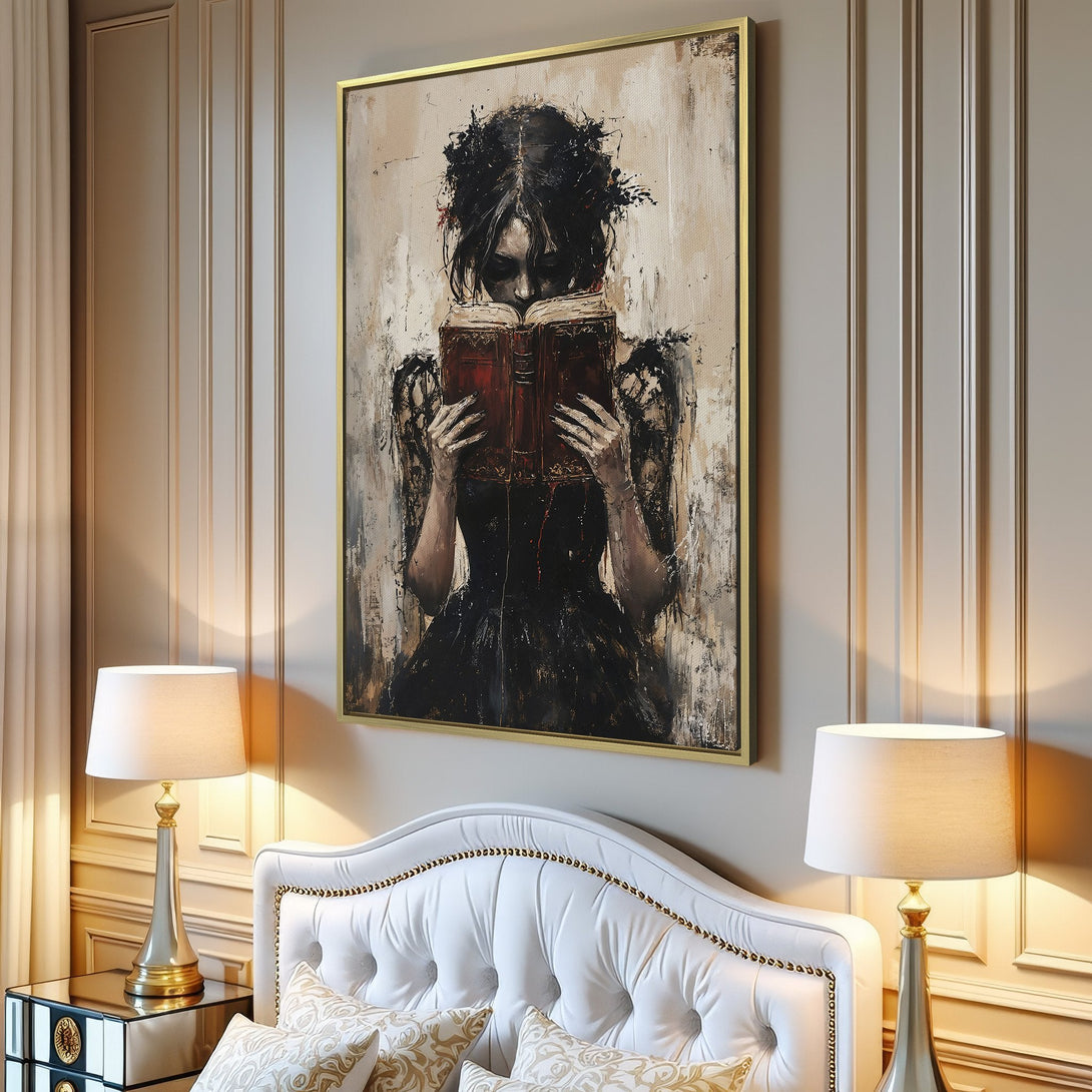 Canvas Print of a gothic woman reading a book, with a dark, moody color palette. Perfect for adding an artistic touch to your home.