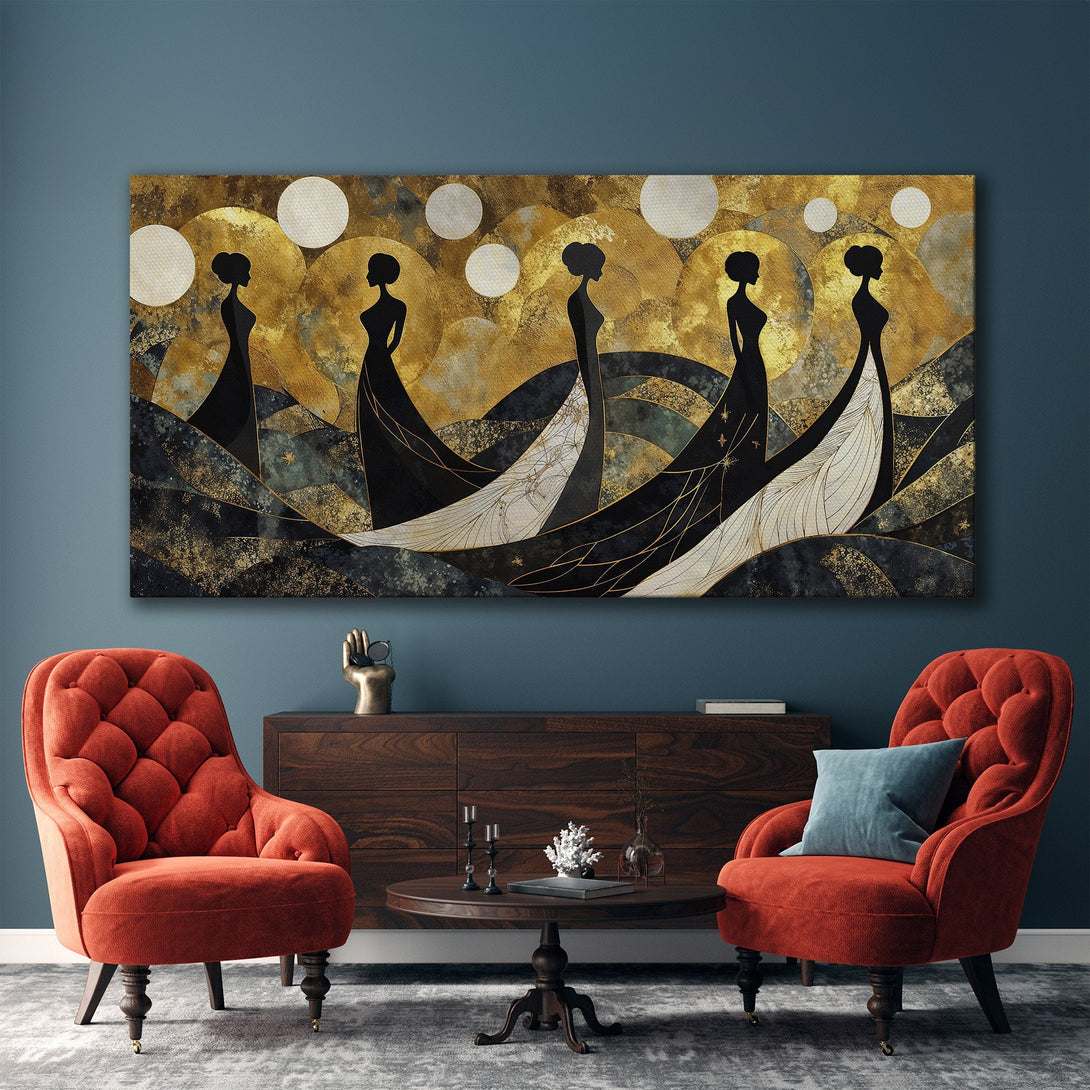 Framed Wall Art of elegant women in gold, black, and white. Modern abstract art perfect for living room decor.