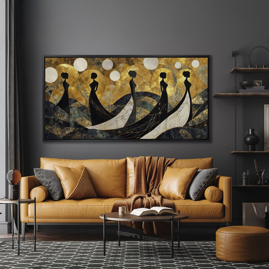 Framed Wall Art featuring elegant silhouettes in black and gold, modern abstract style. Adds a touch of luxury with its warm, neutral color palette.
