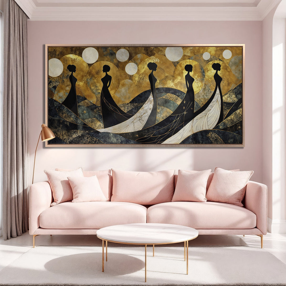 Framed Wall Art featuring elegant women in flowing gowns, gold and black abstract art. Adds a touch of luxury to any space.