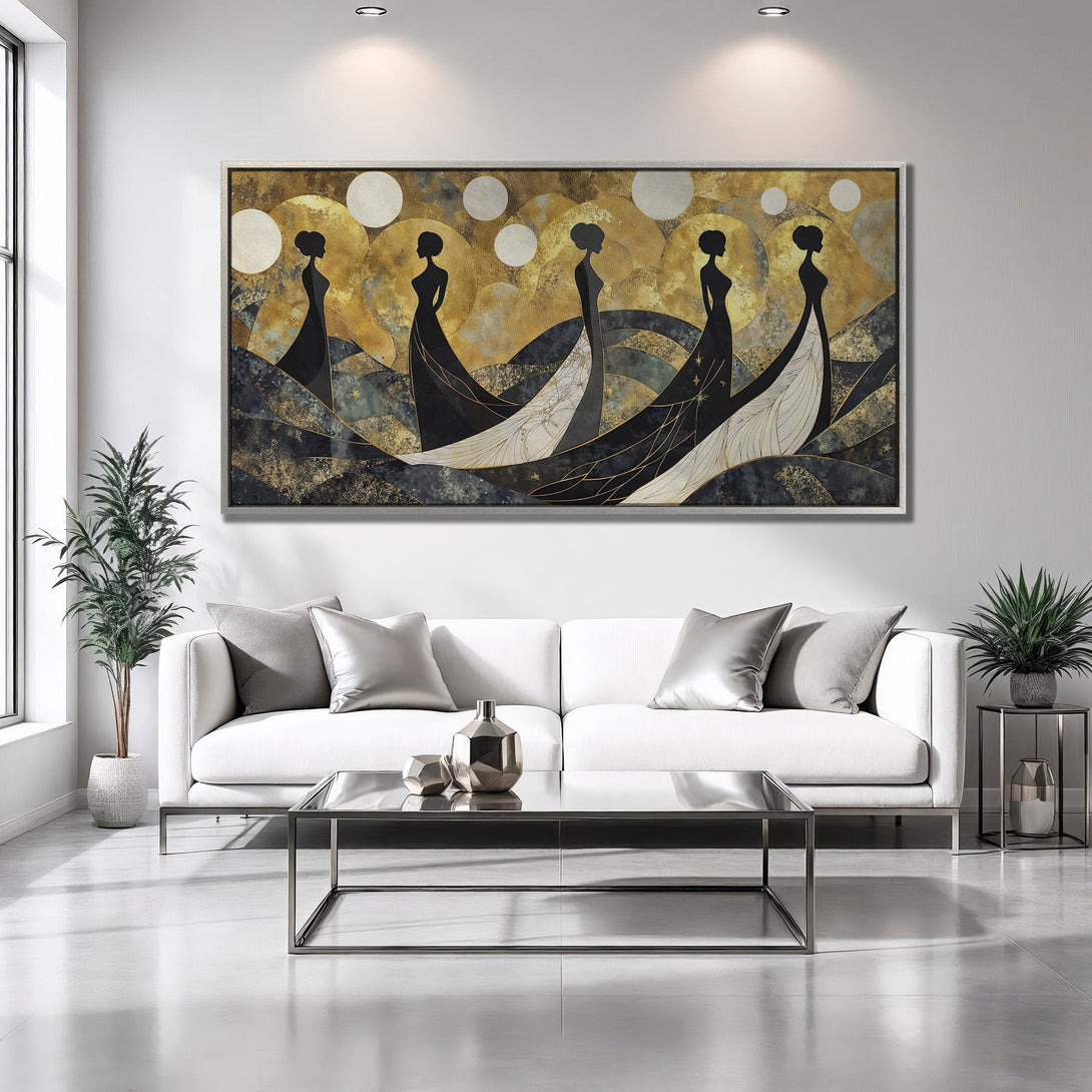 Framed Wall Art featuring elegant women silhouettes in gold, black, and white. Modern abstract art for stylish home decor.