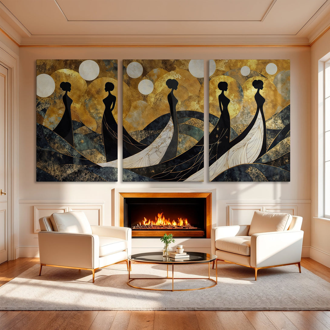Abstract Canvas Print featuring elegant figures in black and gold, perfect for modern home decor. Luxurious art with a warm, neutral color palette.