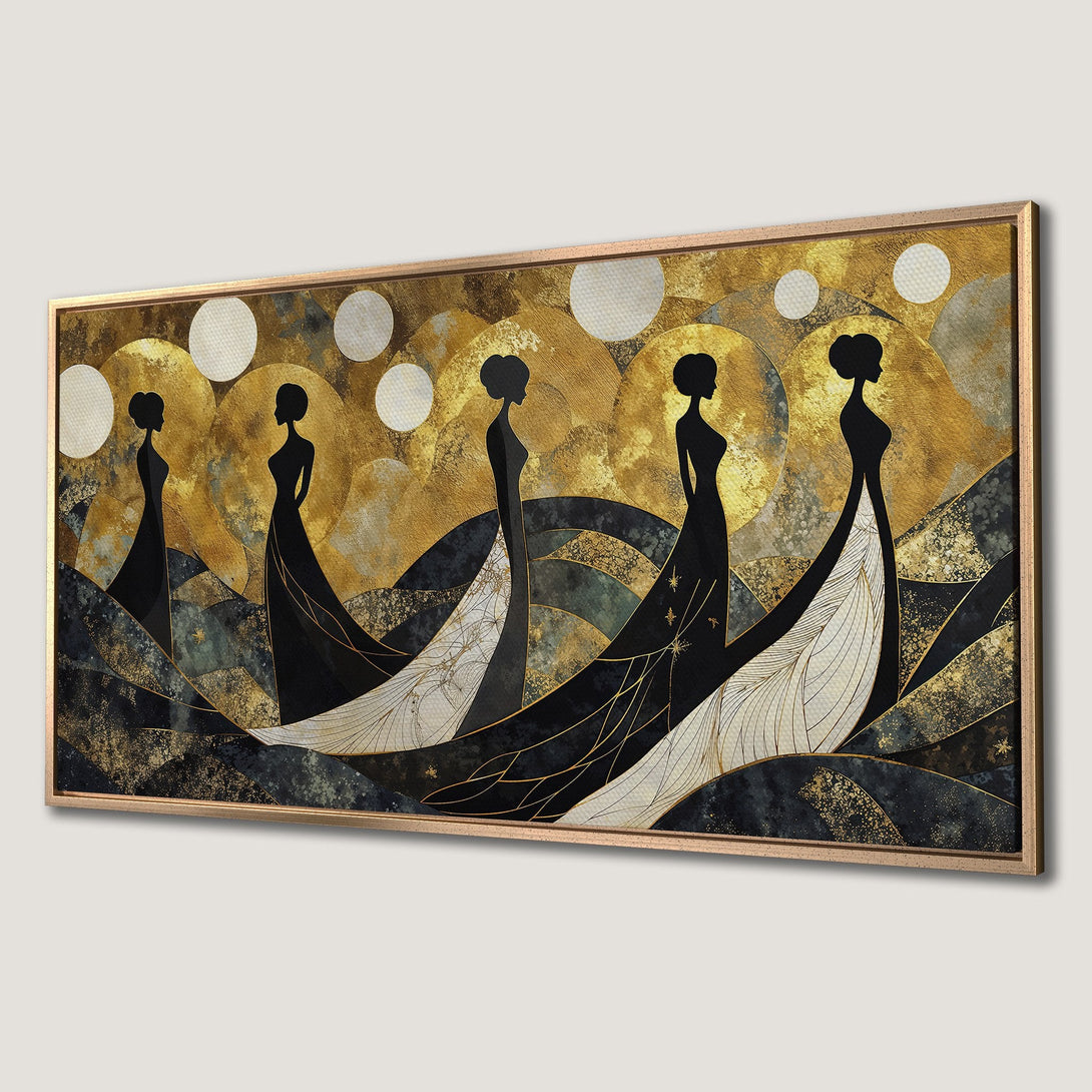 Framed Wall Art featuring elegant women in black dresses with gold accents. Abstract art with a gold, black, and white color palette. Perfect for modern decor.