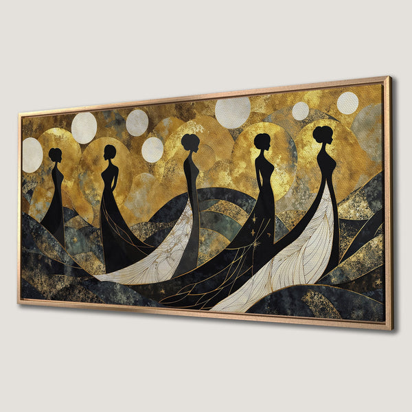 Framed Wall Art featuring elegant women in black dresses with gold accents. Abstract art with a gold, black, and white color palette. Perfect for modern decor.