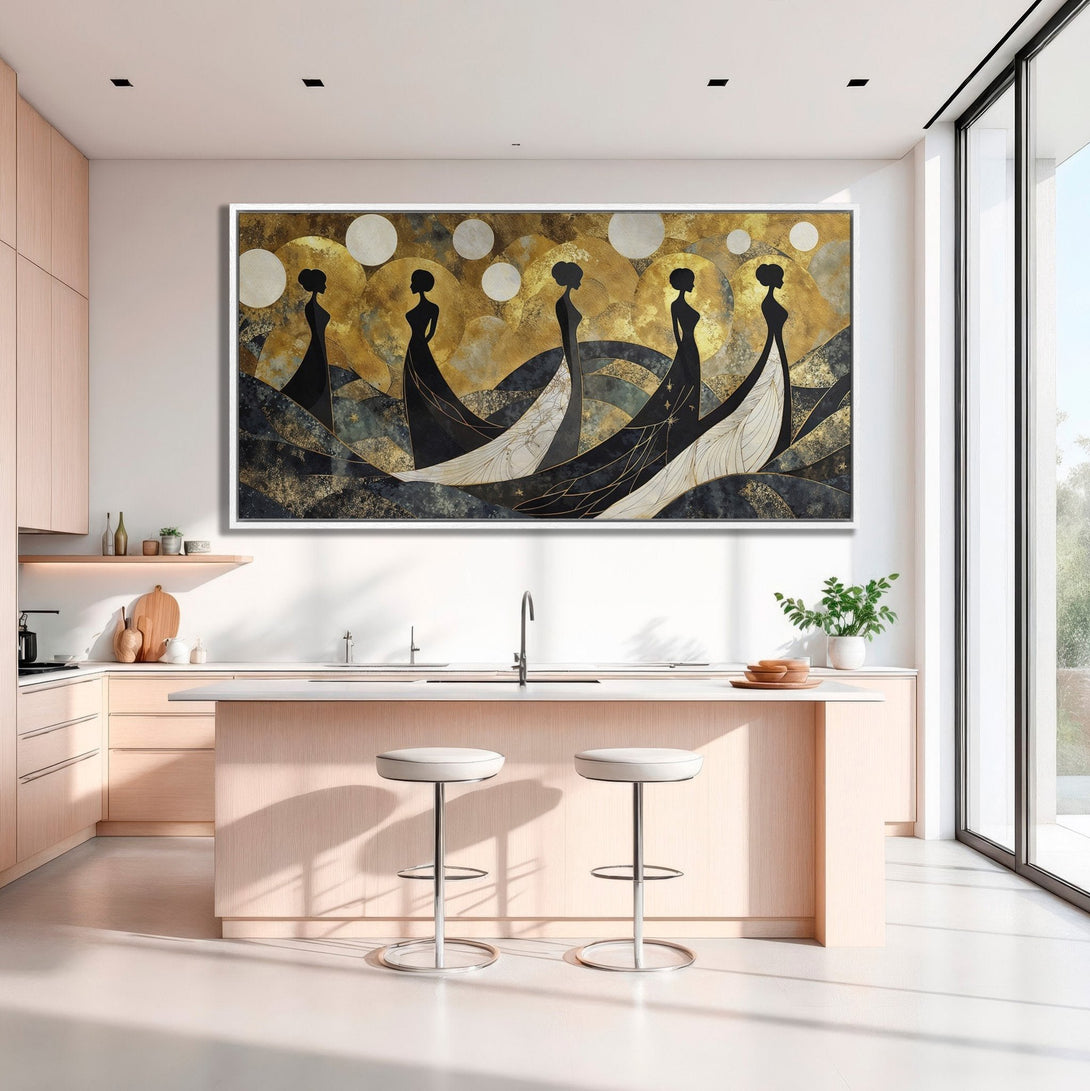 Framed Wall Art: Abstract figures in black and gold, modern style, displayed in a kitchen. Adds elegance and sophistication.
