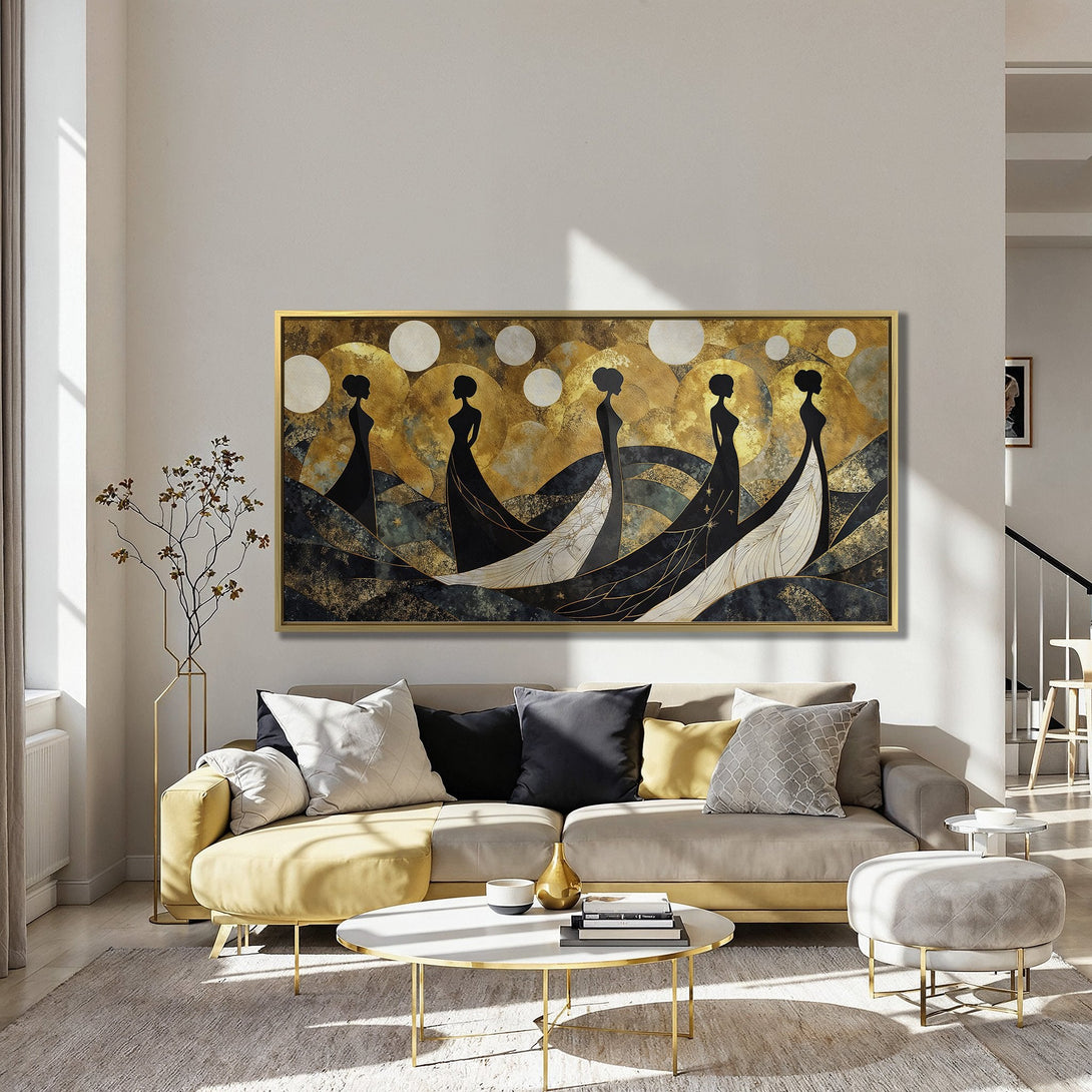 Canvas Print featuring elegant figures in black and gold. Modern art style with a rich, luxurious color palette. Perfect for a stylish home.