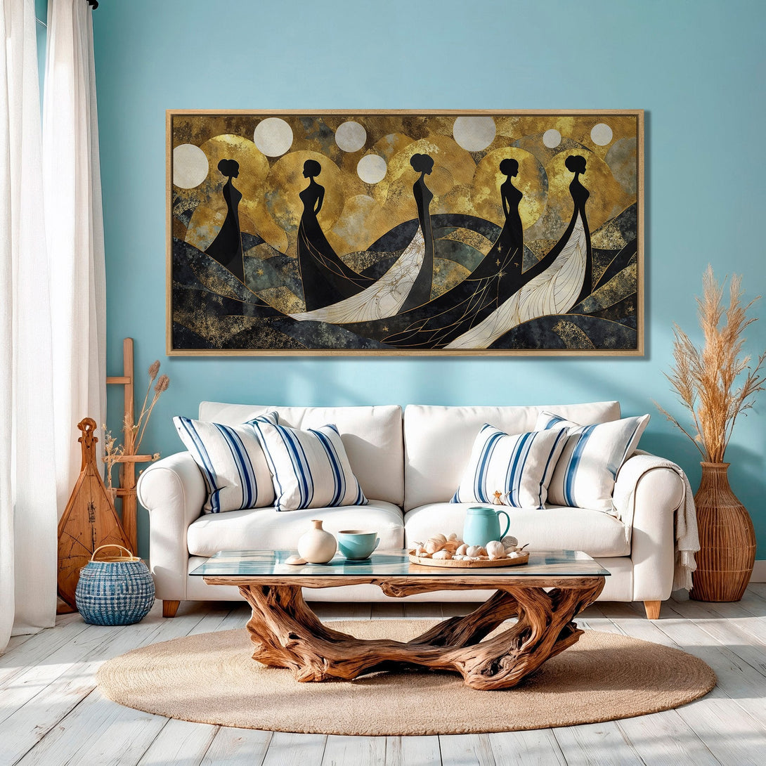 Framed Wall Art: Abstract silhouette figures in gold, black, and white. Modern art canvas print, perfect for adding elegance to any room.