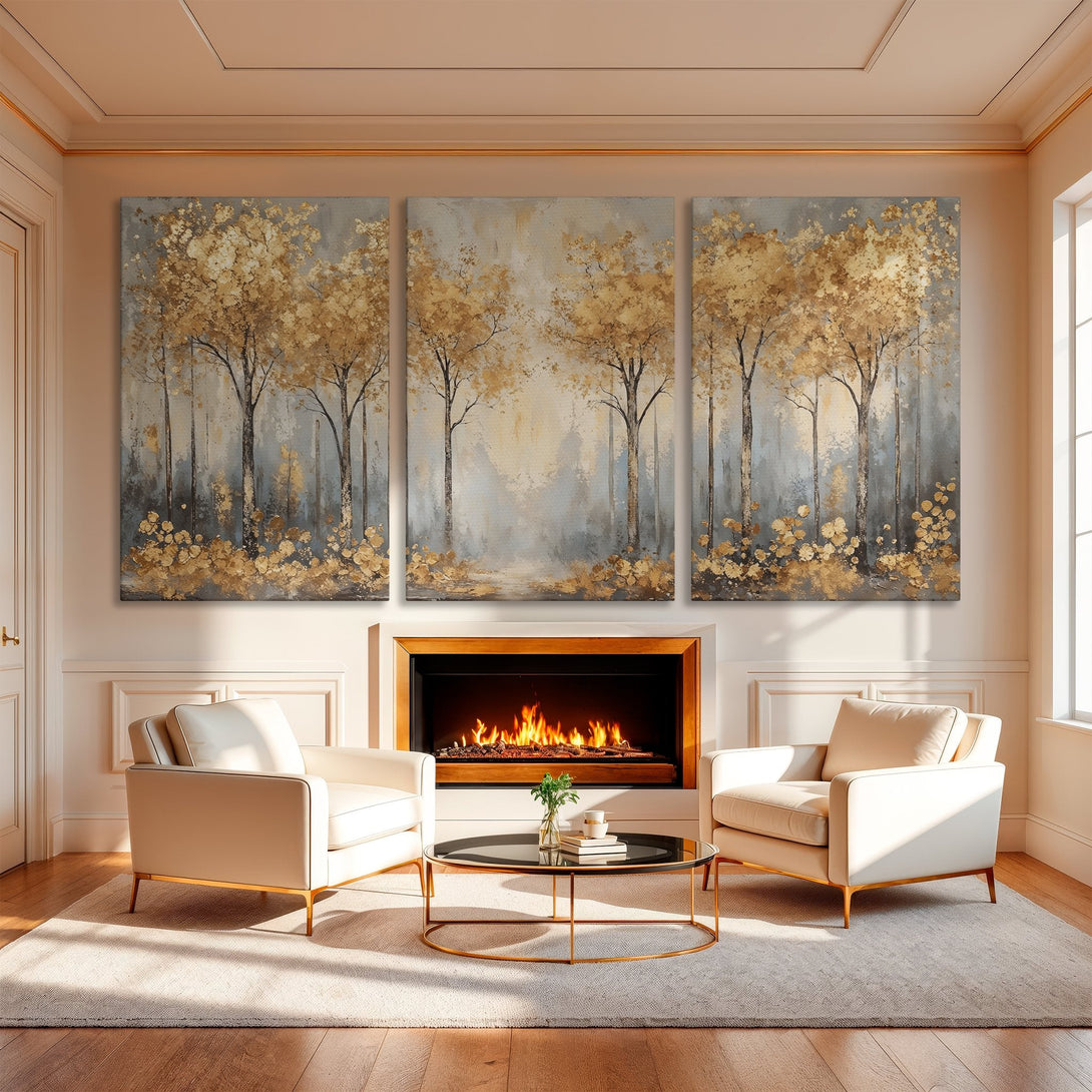 Canvas Print of a golden forest scene in a modern interior. Features a neutral color palette with gold and gray tones. Perfect wall decor!