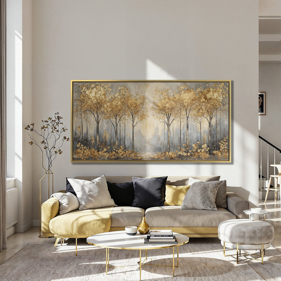 Canvas Print of gold-leaf trees in a serene forest scene. Neutral & gold tones create a warm, inviting ambiance. Perfect for adding elegance to any space.