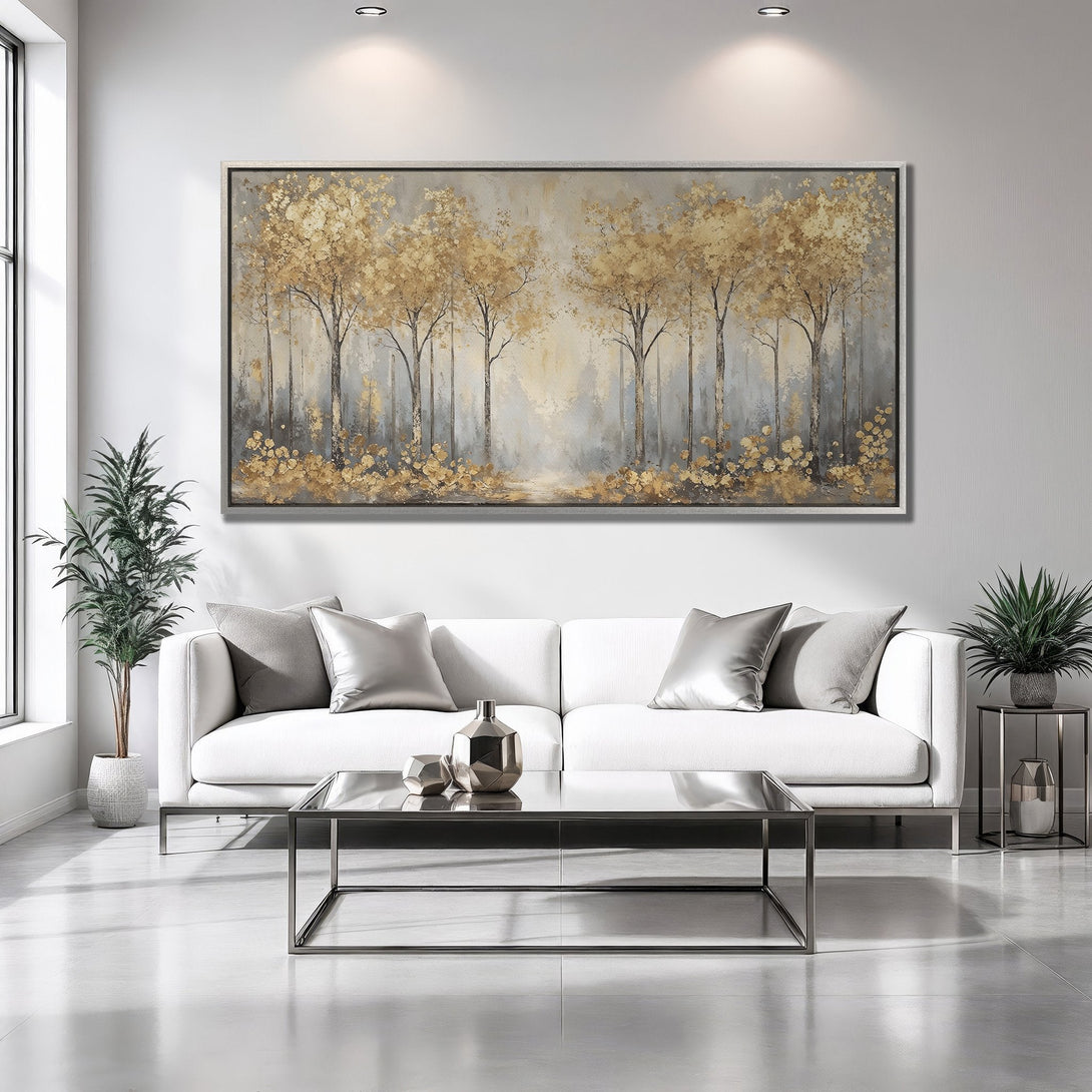 Framed Wall Art featuring a golden forest scene. Modern style, neutral color palette, perfect for living room decor.