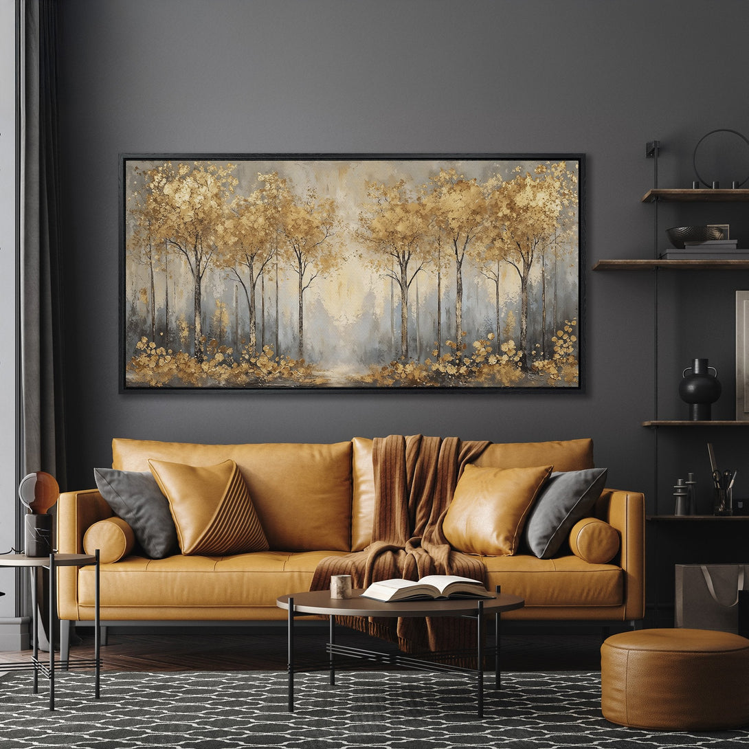 Framed Wall Art: Abstract gold forest scene in a modern living room. Warm, inviting color palette with gold, gray, and brown tones. Elevate your home decor!