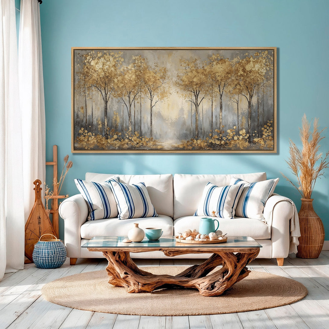 Framed Wall Art: Stunning gold and gray forest scene canvas print, perfect for adding a touch of nature to your living room decor.