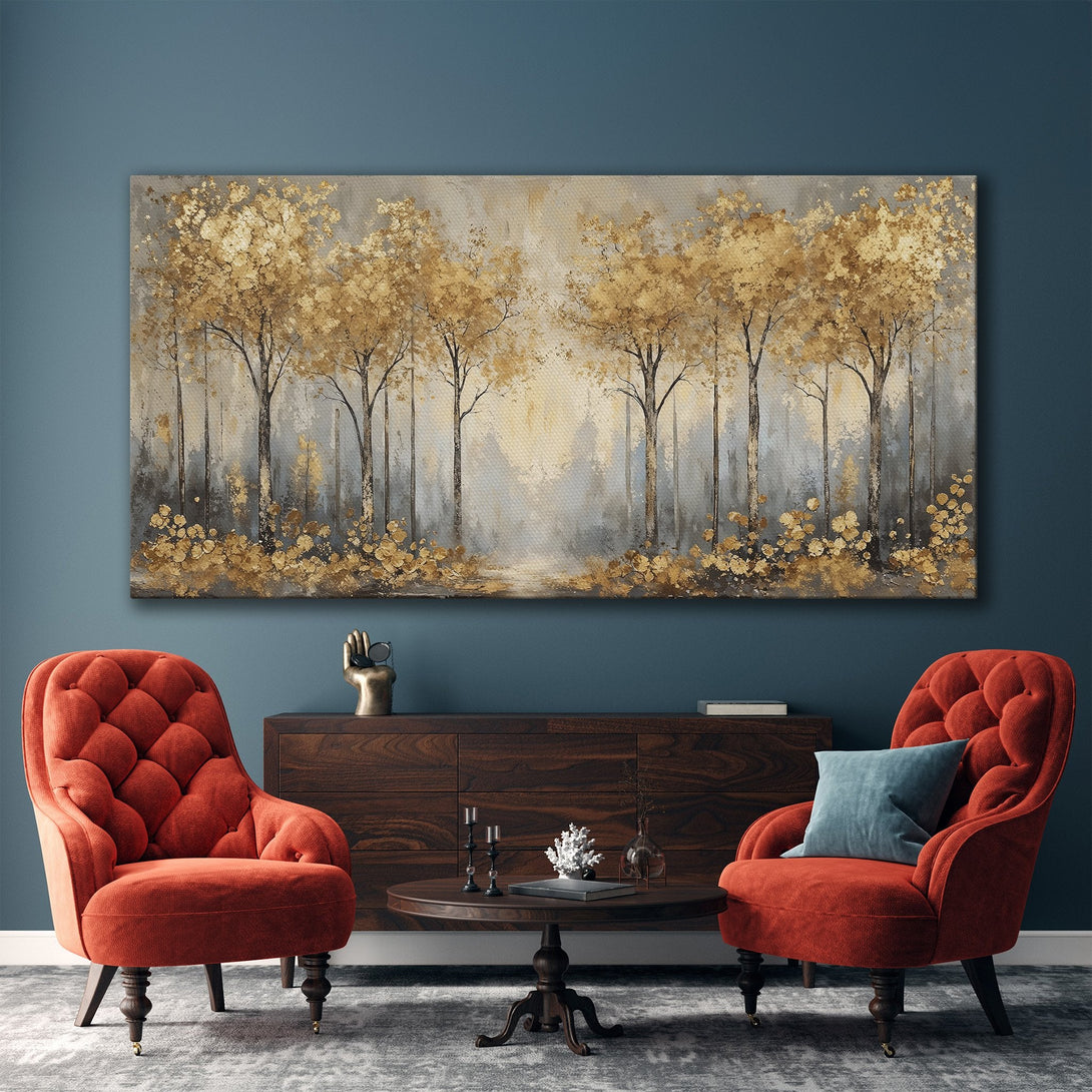 Framed Wall Art: Golden forest scene in a modern interior. Abstract style with gold, gray, and beige color palette. Elevate your home decor!