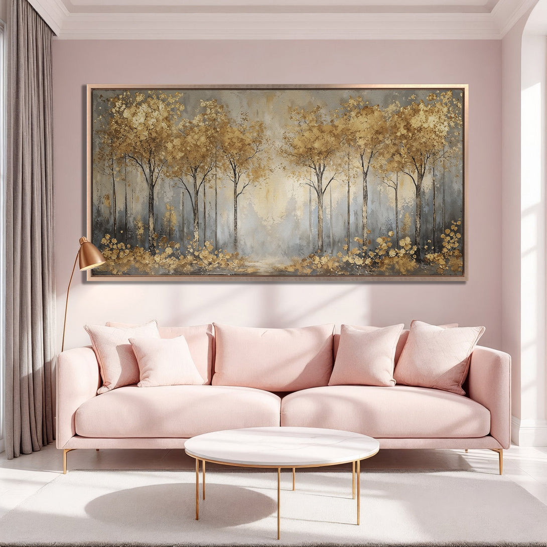 Framed Wall Art: Abstract gold tree painting. Elegant decor with a soft, neutral color palette. Perfect for modern living rooms.