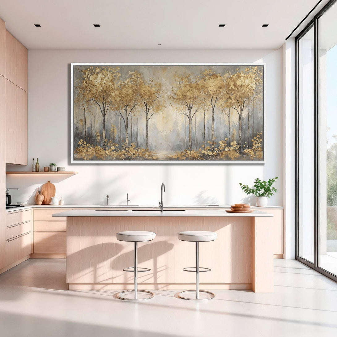Framed Wall Art: Stunning gold leaf tree painting in a modern kitchen. Neutral color palette adds elegance and warmth to any space. Shop now!