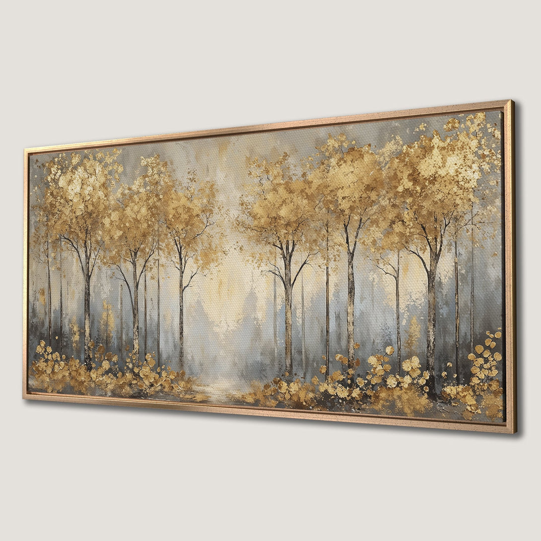 Framed Wall Art: Abstract forest scene with gold and gray tones. Modern canvas print adds elegance to any space. Shop now for stunning wall decor!