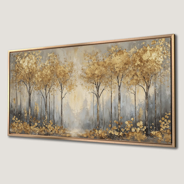 Framed Wall Art: Abstract forest scene with gold and gray tones. Modern canvas print adds elegance to any space. Shop now for stunning wall decor!
