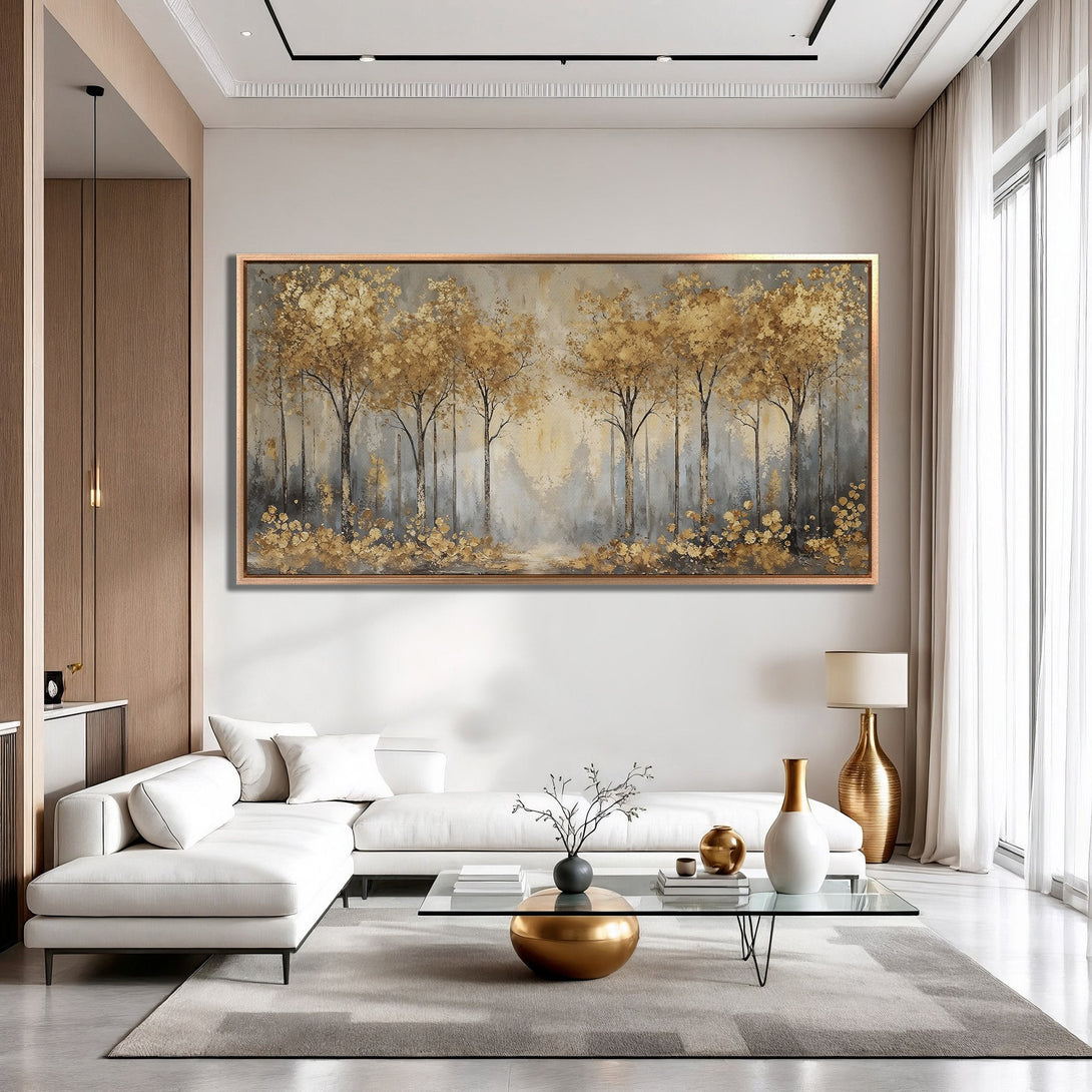 Framed Wall Art: Abstract gold trees in a modern interior. Neutral gray and gold color palette. Elevate your space with this stunning canvas print.