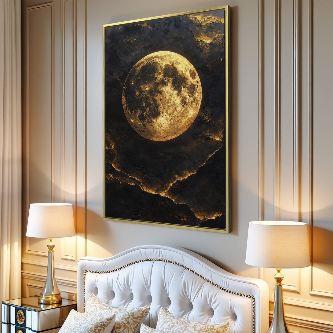 Canvas Print of a golden moon over dark, textured landscape. Modern art with a black, gold, and neutral color palette. Perfect wall decor.