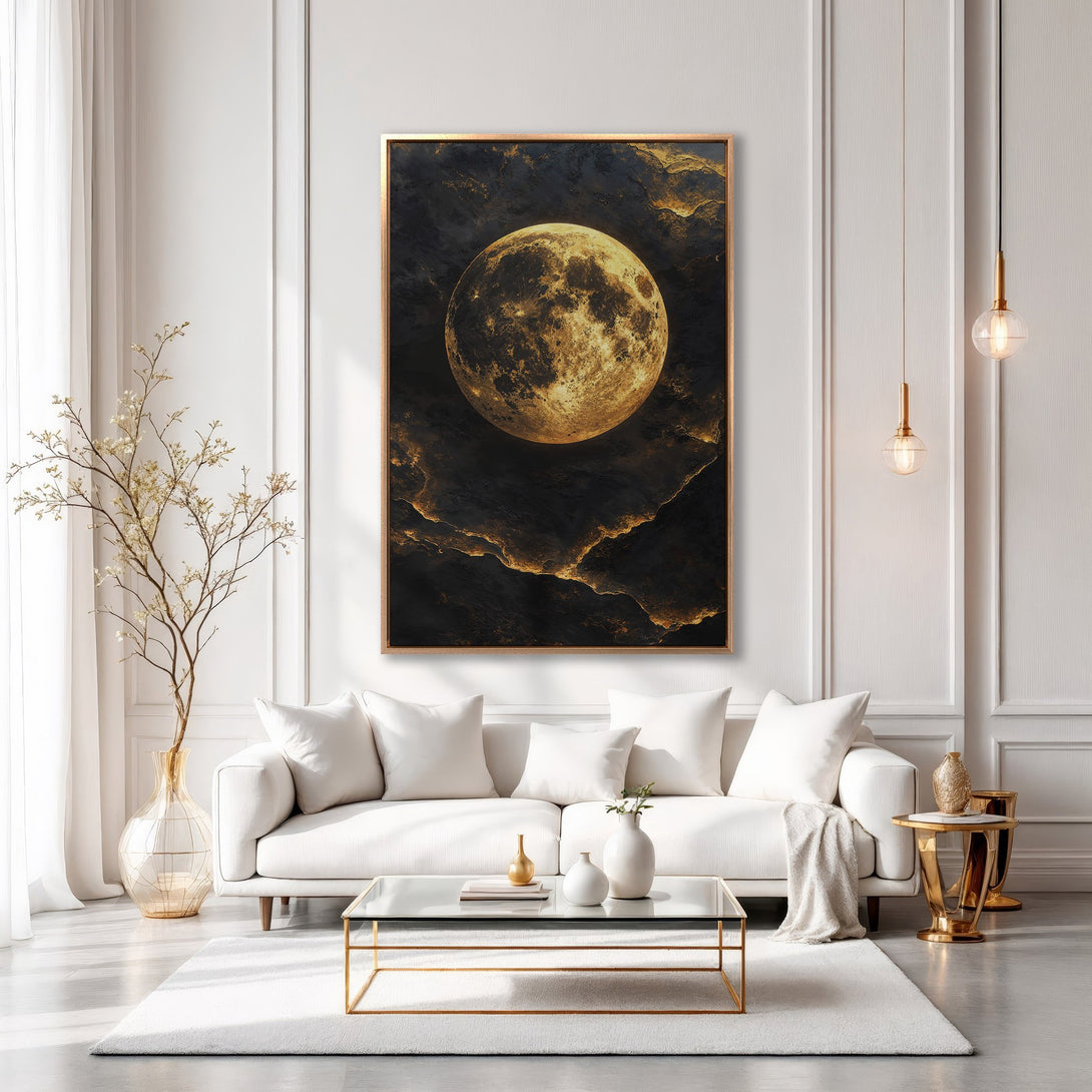 Framed Wall Art: Stunning moon canvas print in a modern interior. Features a celestial design with gold and black tones, perfect for any home decor.