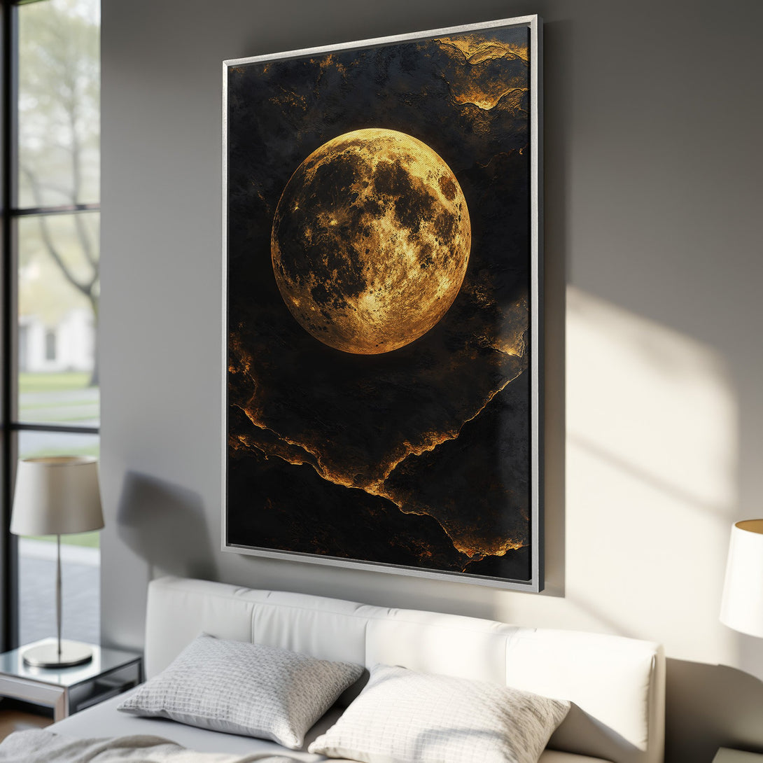 Framed Wall Art: Stunning moon Canvas Print in gold and black. Modern abstract art perfect for bedroom decor. Elevate your space with celestial beauty!