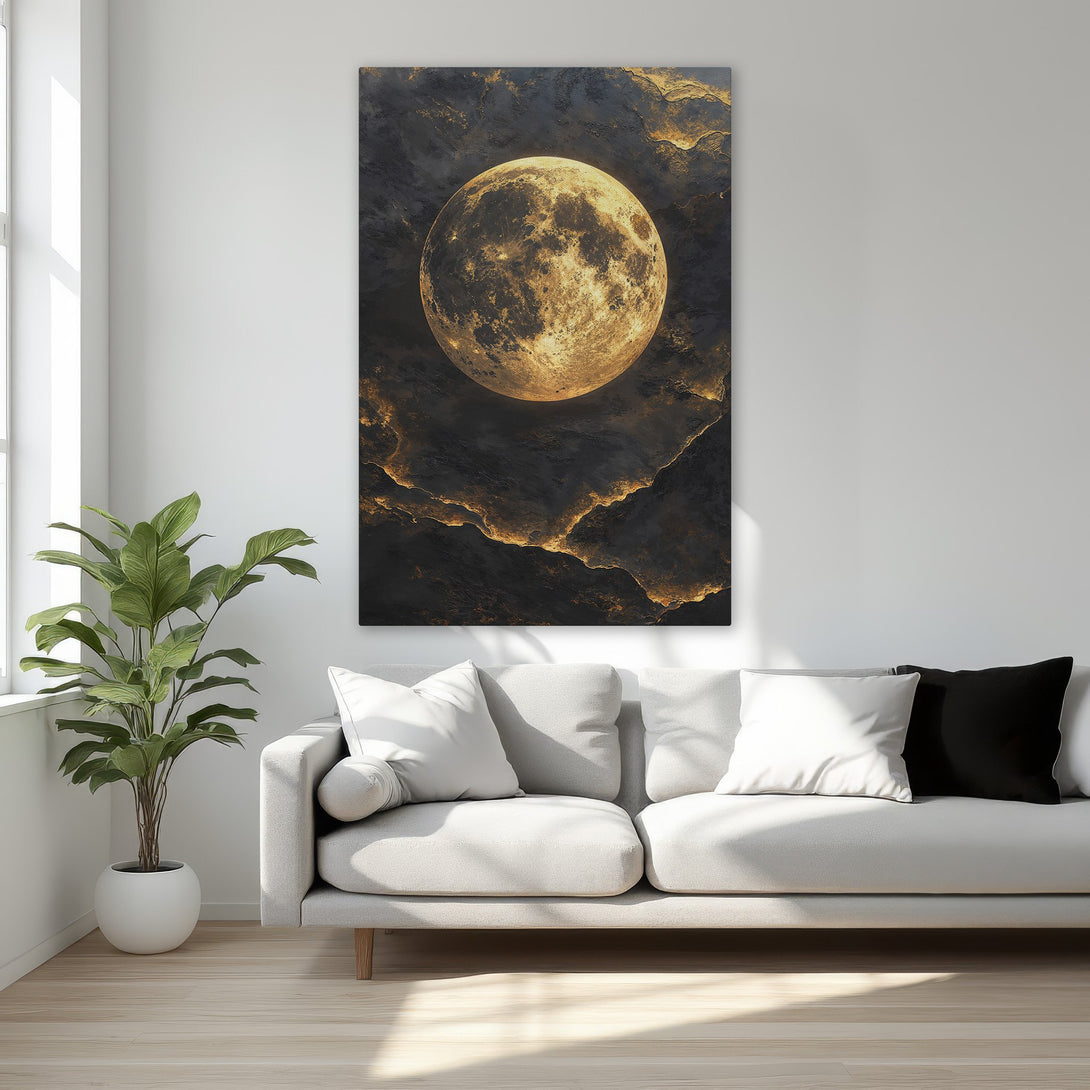 Framed Wall Art: Stunning moon canvas print in a luxurious bedroom. Features a dramatic black & gold color palette, perfect for adding elegance.