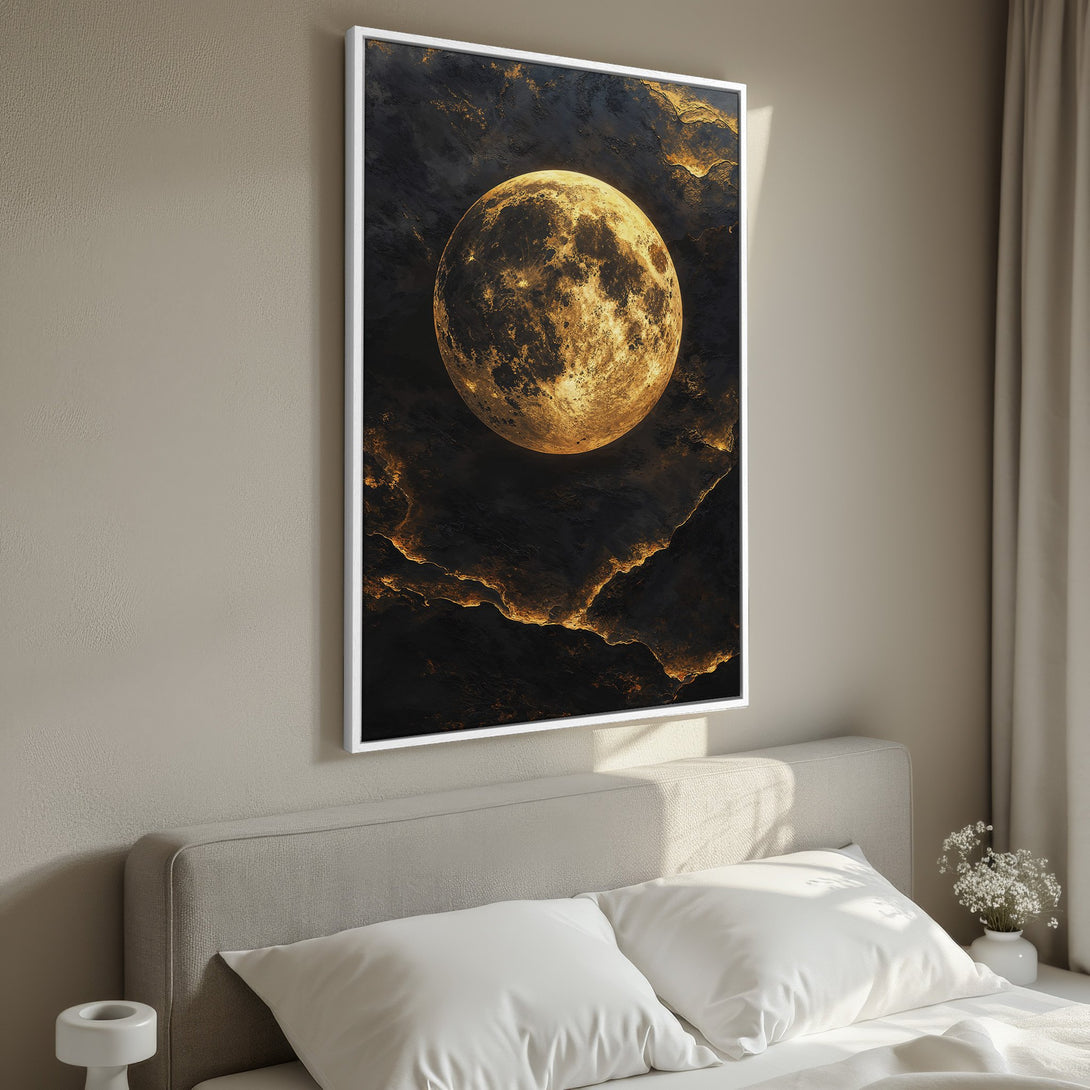 Framed Wall Art featuring a golden moon over a dark, textured landscape. Modern art with a warm, earthy color palette. Perfect for bedroom decor.