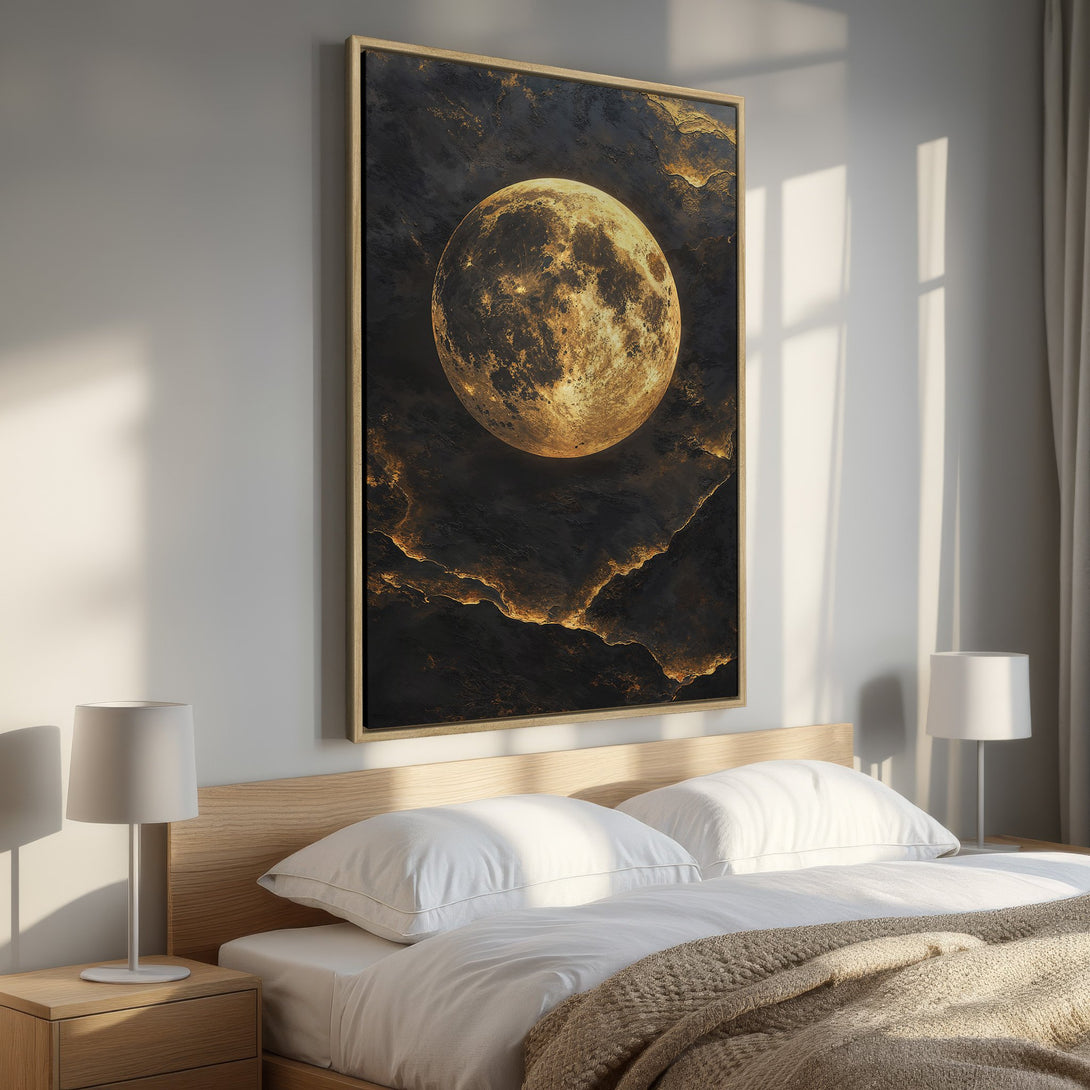 Framed Wall Art featuring a celestial moon design in a dark, textured style with gold and black tones. Perfect for adding a touch of luxury to any bedroom.