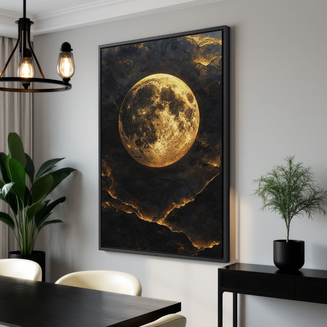Framed Wall Art: Stunning moon canvas print in a modern interior. Featuring a gold and black color palette, this artwork adds a touch of elegance to any space. Shop now!