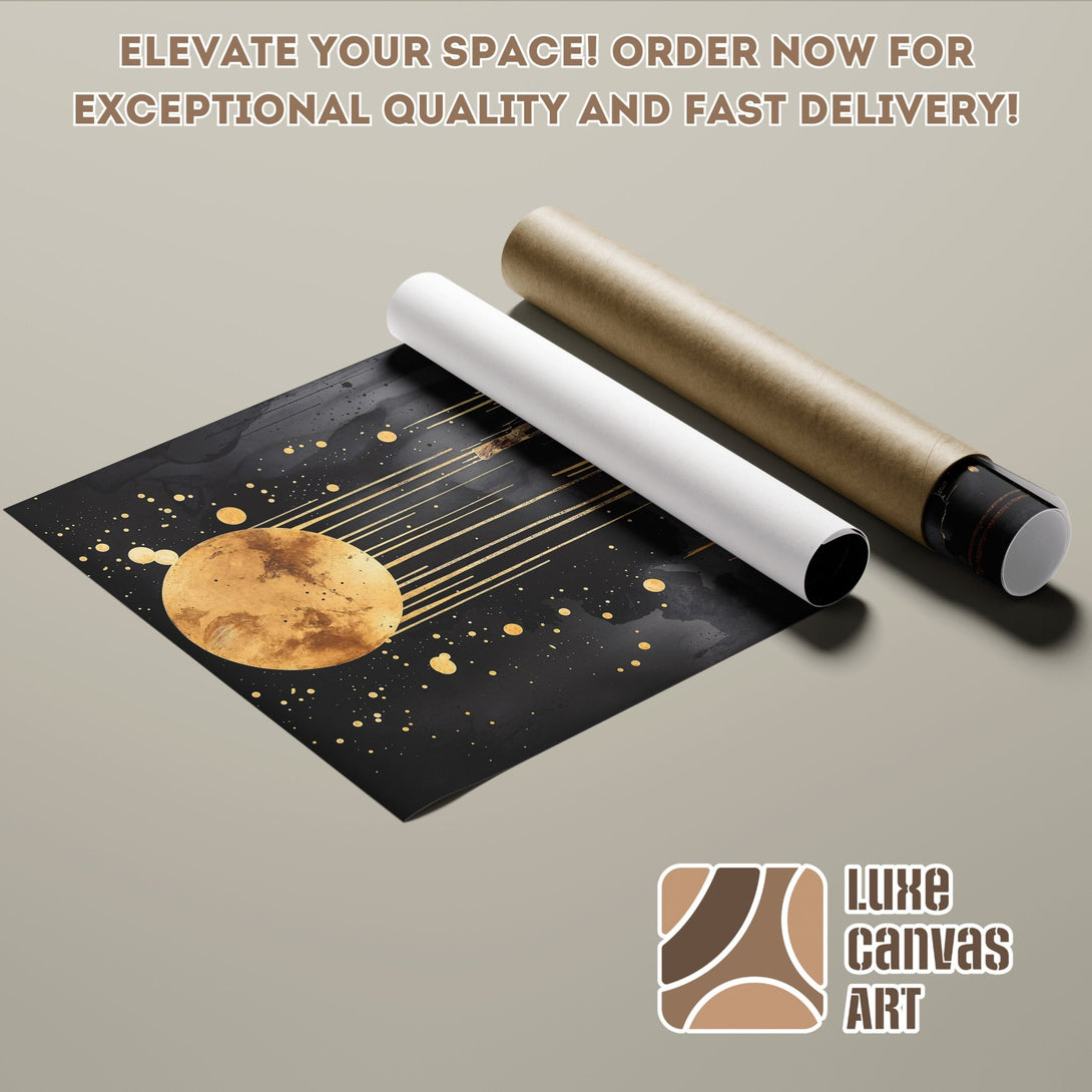 Poster Roll featuring a celestial abstract design in black, gold, and beige. Elevate your space with this stunning art piece!
