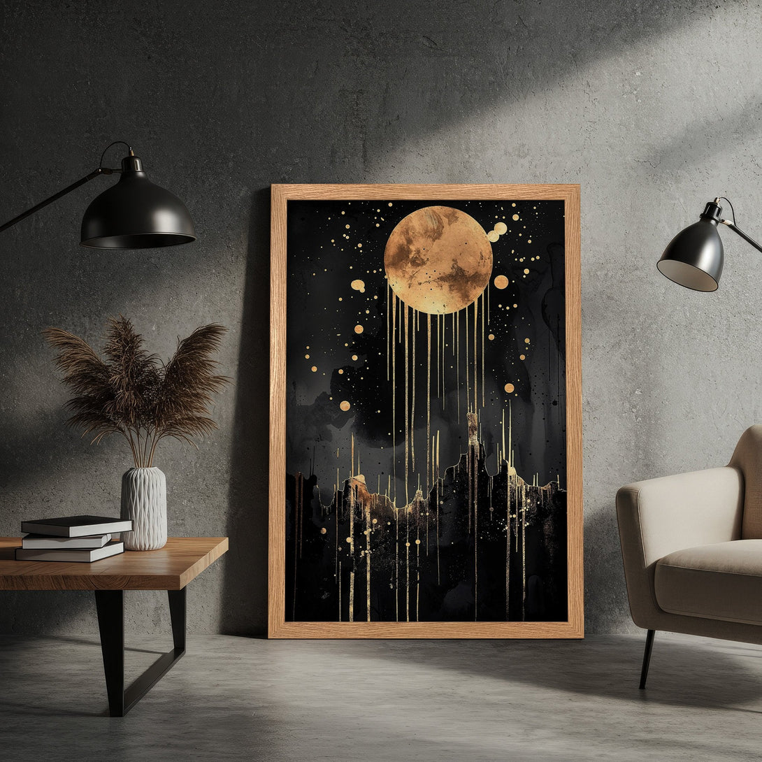 Framed Poster featuring a celestial landscape in black and gold. Modern art print with a striking color palette for stylish home decor.