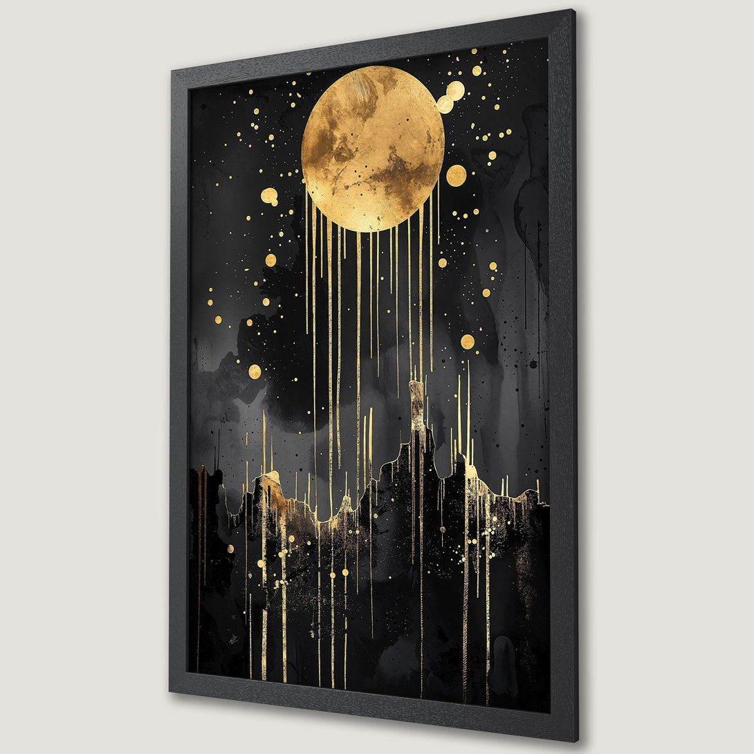 Framed Poster featuring a golden moon over a black landscape. Abstract art with a gold and black color palette. Perfect wall decor.
