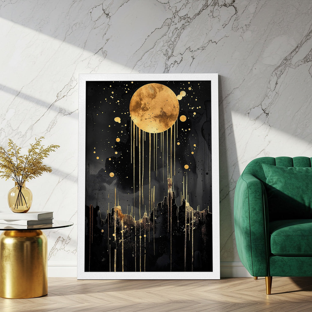 Framed Poster featuring a celestial gold moon over a dark landscape. Modern art style with a black, gold, and gray color palette.