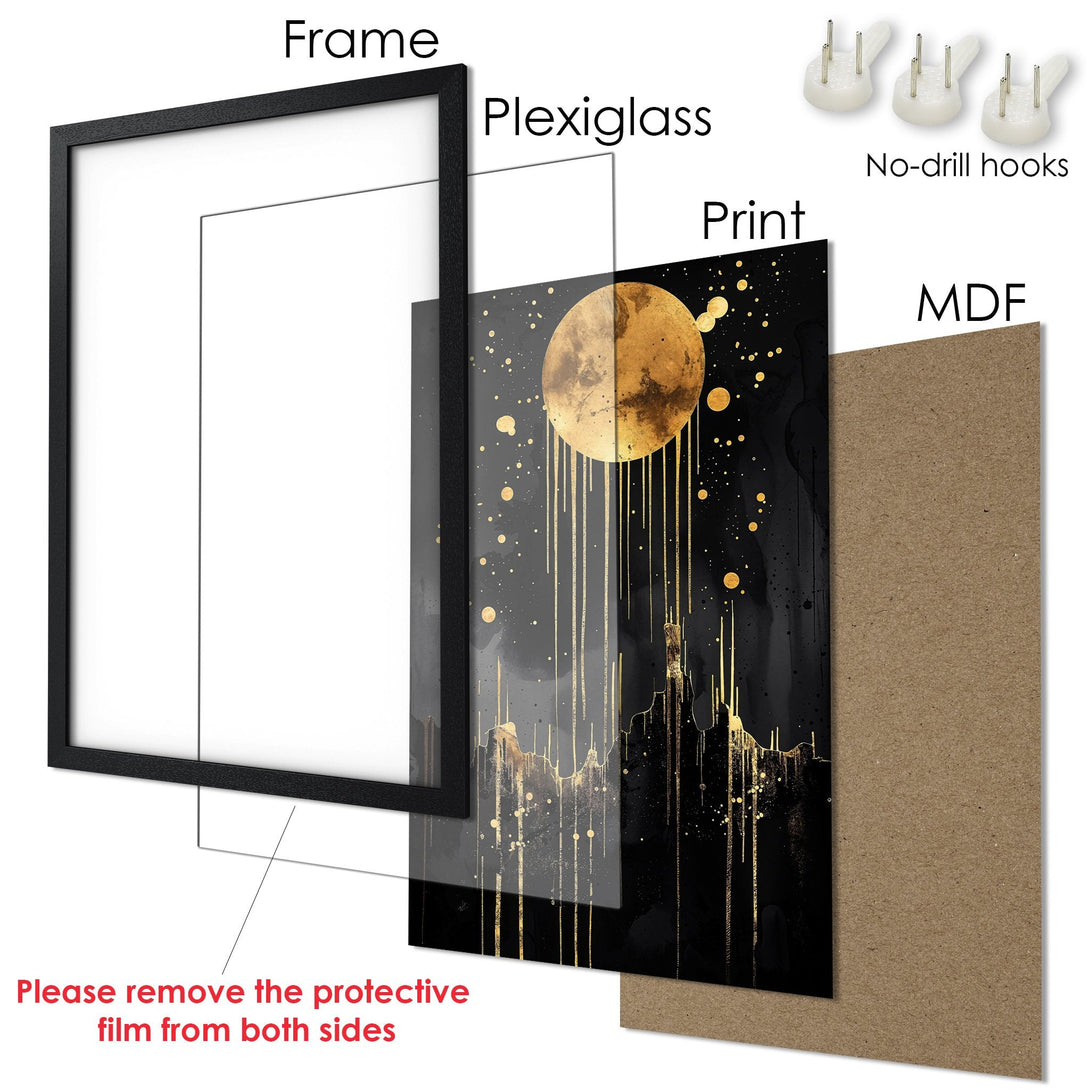 Framed Poster featuring a gold and black abstract moon design. Modern style, elegant color palette.