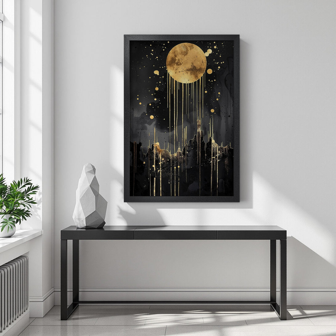 Framed Poster featuring a golden moon and cityscape art. Modern style with a black and gold color palette. Elevate your space with this stunning Poster.