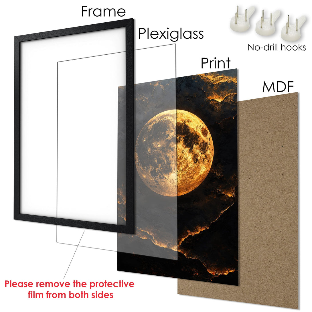 Framed Poster featuring a celestial moon design with a warm gold and black color palette. Perfect wall art for any space!