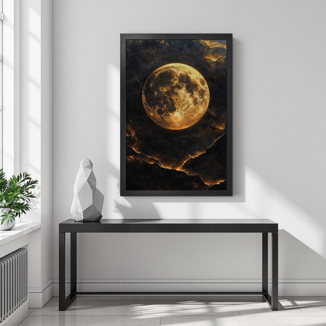 Framed Poster featuring a golden moon in a dark, abstract style. Stunning wall art with a black and gold color palette.