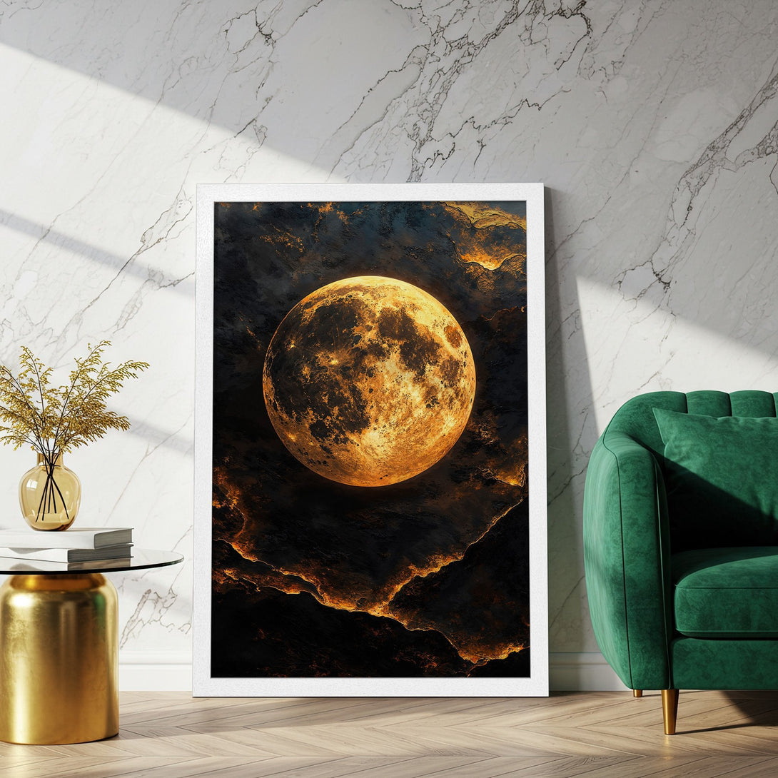 Framed Poster featuring a celestial moon in warm gold tones. Modern art print perfect for home decor.