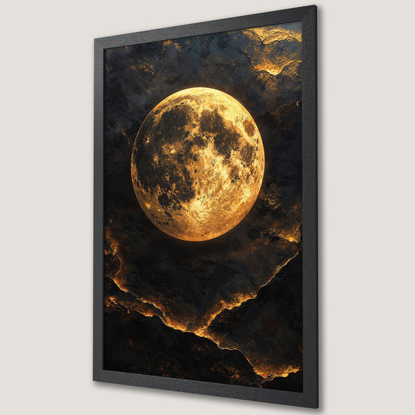 Framed Poster featuring a golden moon over a dark, textured landscape. Dramatic art print in black and gold tones.