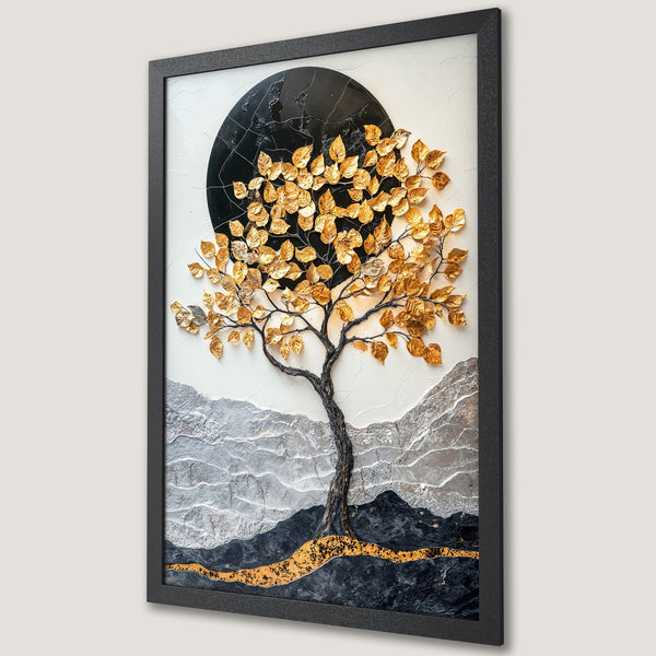 Framed Poster featuring a gold leaf tree against a black and white textured background. Modern art with a neutral color palette.