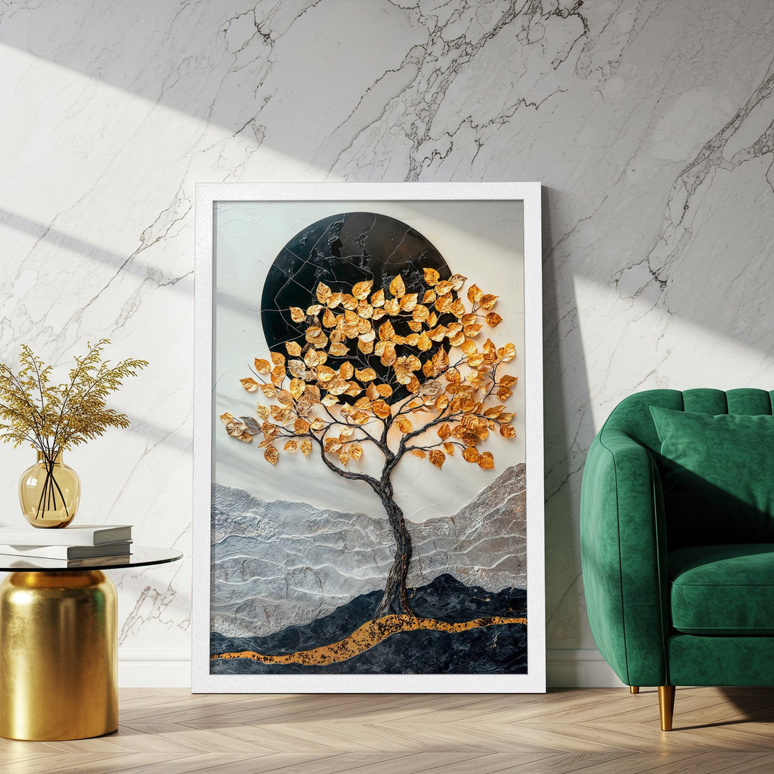 Framed Poster featuring a stylized tree with gold leaves. Modern art in a neutral and gold color palette, perfect for home decor.
