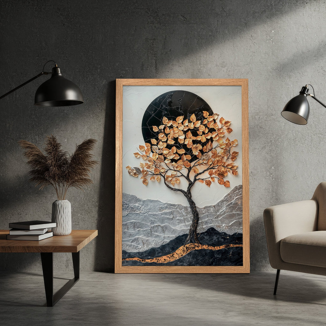 Framed Poster of a textured tree art print with gold leaves, black and white background, and a warm color palette. Perfect wall decor.